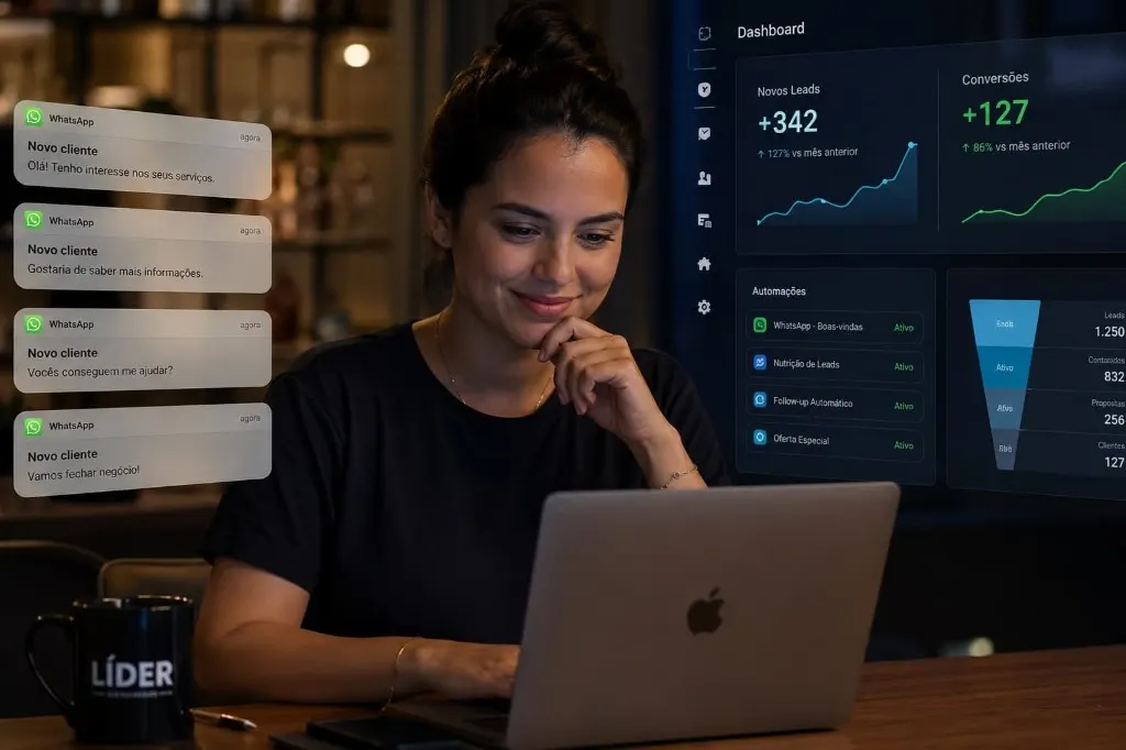 Profissional acompanhando novos clientes e resultados no painel da Máquina de Clientes