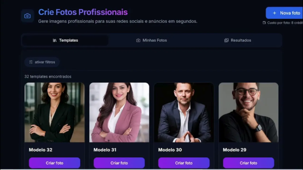 Demonstração de fotos profissionais geradas pela Máquina de Clientes